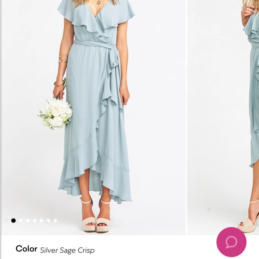 Show Me Your Mumu — Jess Ruffle Midi Dress in Silver Sage Crisp. Bridesmaids
